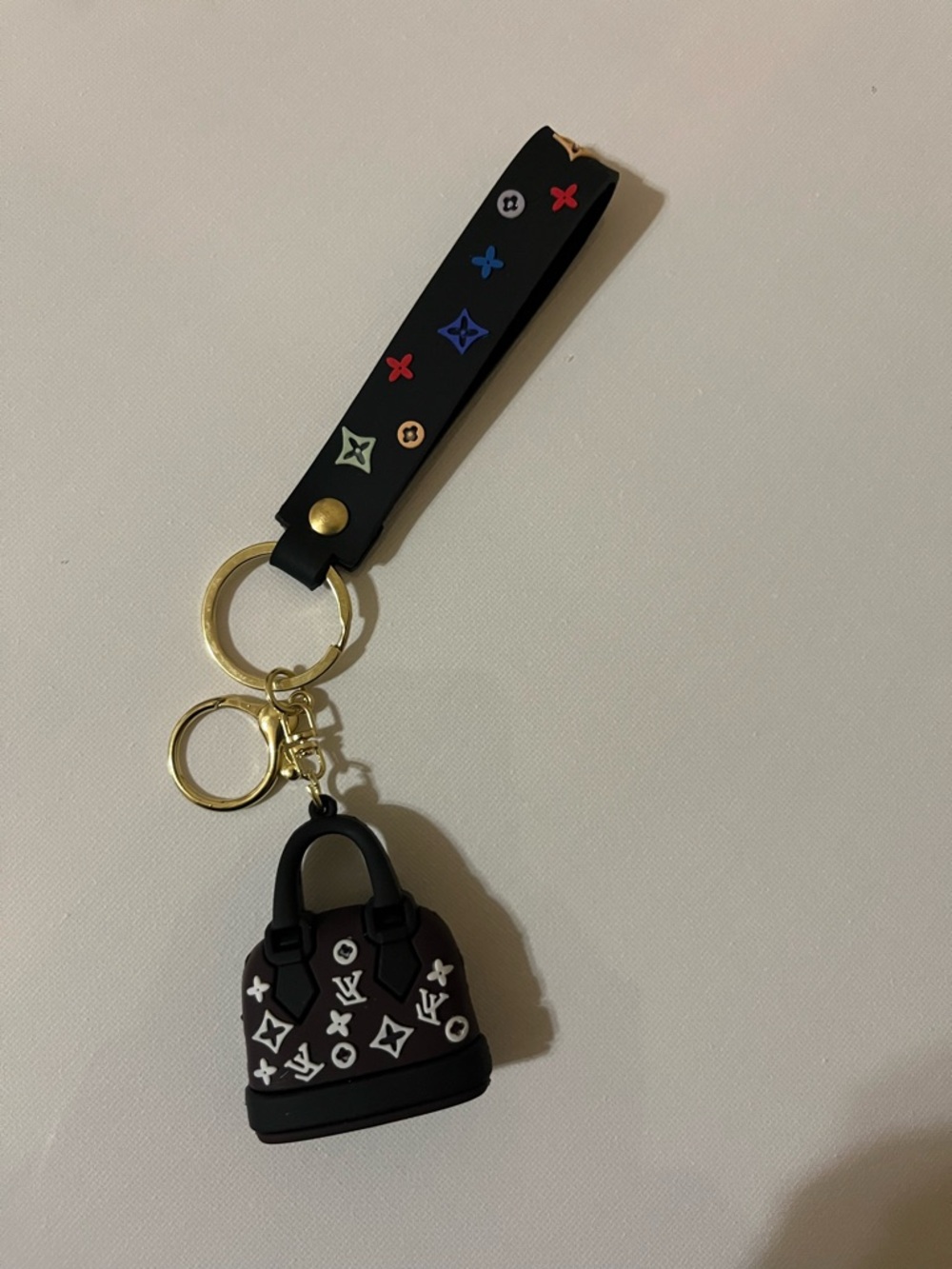 Designer Inspired Black Strap Keychain with Brown Bag Charm